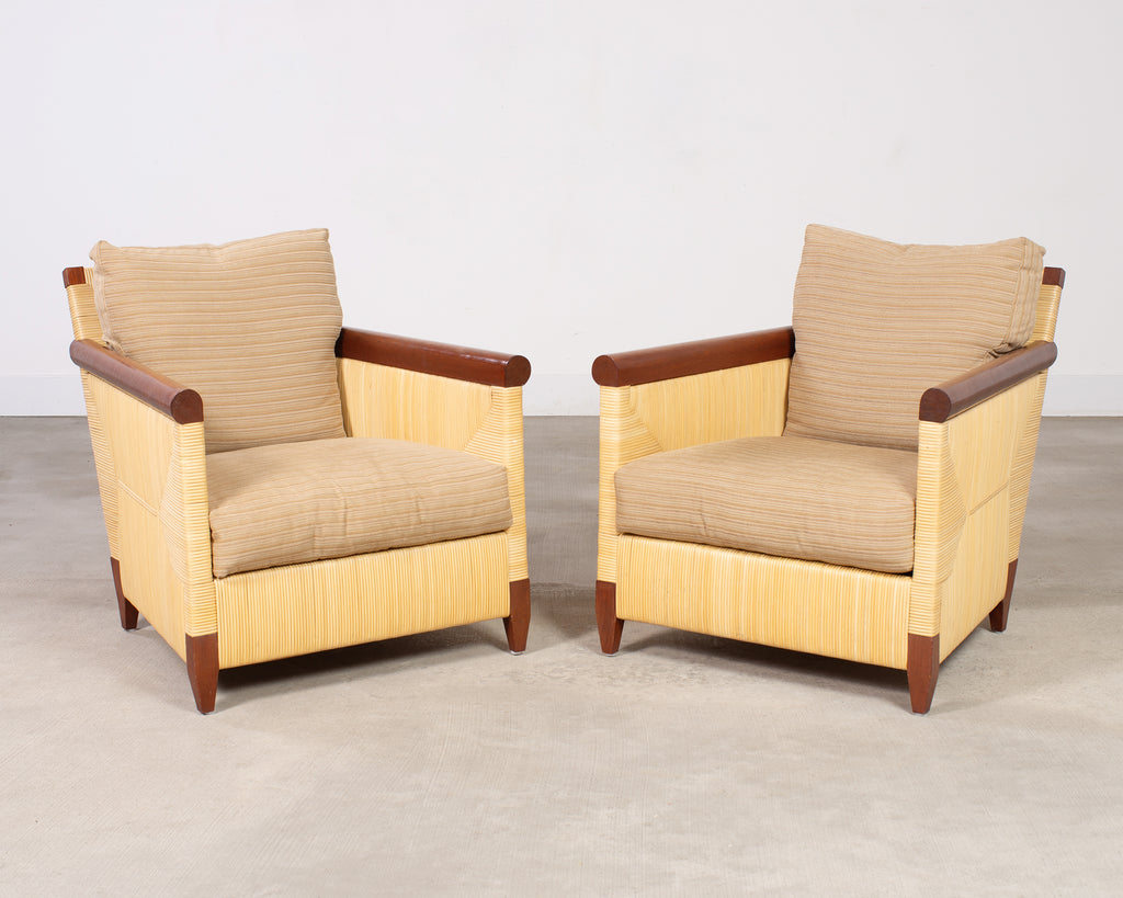 Pair John Hutton for Donghia Merbau Rattan Lounge Chairs