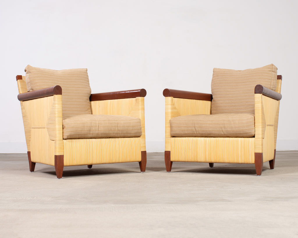 Pair John Hutton for Donghia Merbau Rattan Lounge Chairs