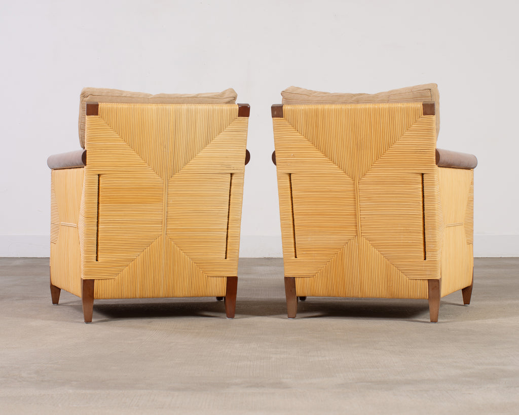 Pair John Hutton for Donghia Merbau Rattan Lounge Chairs