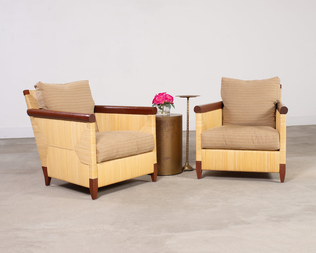 Pair John Hutton for Donghia Merbau Rattan Lounge Chairs