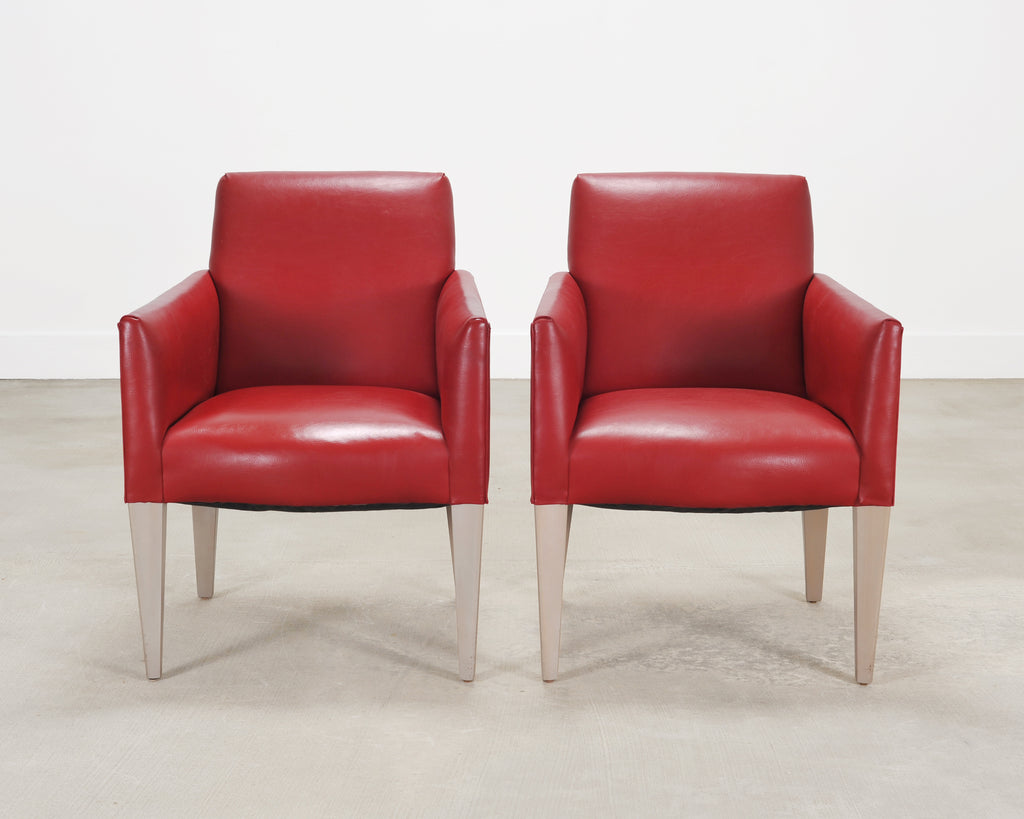 Pair of Italian Art Deco Style Red Leather Lounge Armchairs