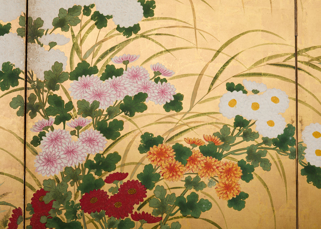 Pair of Japanese Meiji Screens Blossoms of Spring, Summer and Autumn