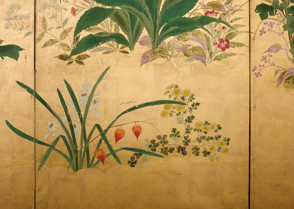 Pair of Japanese Meiji Screens Blossoms of Spring, Summer and Autumn