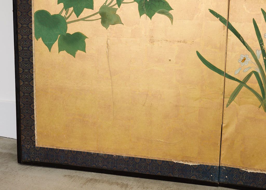 Pair of Japanese Meiji Screens Blossoms of Spring, Summer and Autumn