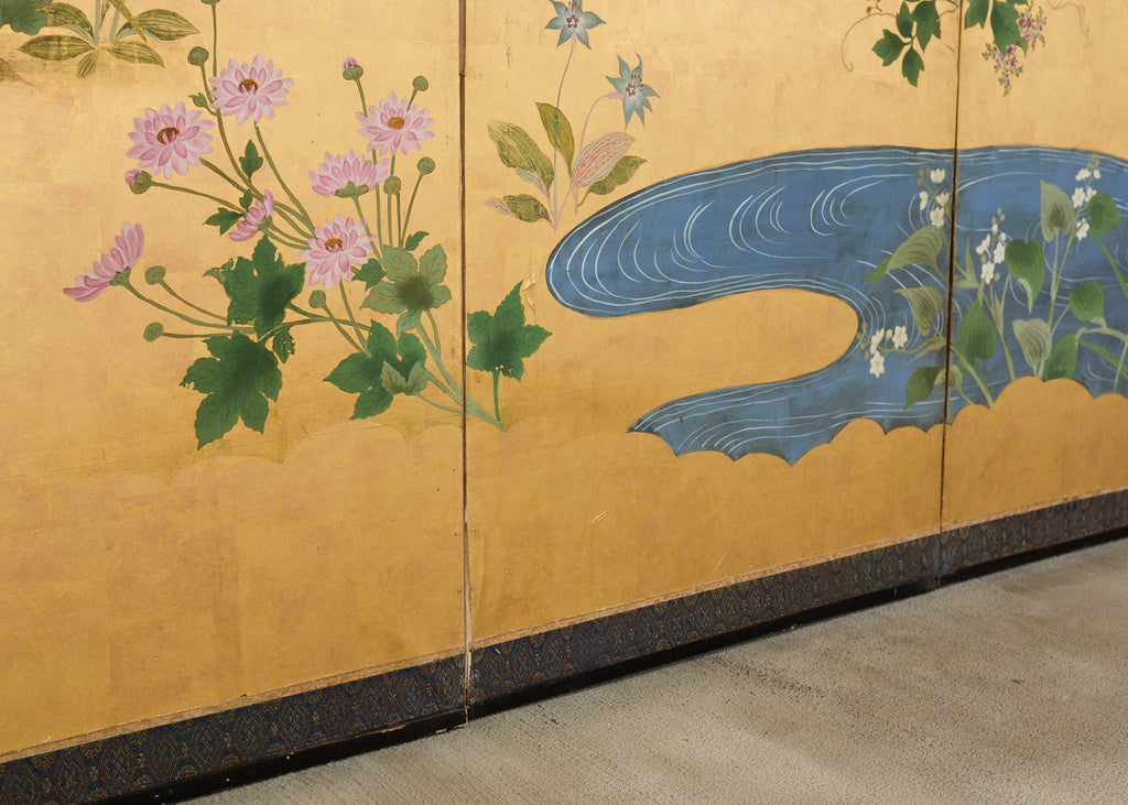 Pair of Japanese Meiji Screens Blossoms of Spring, Summer and Autumn