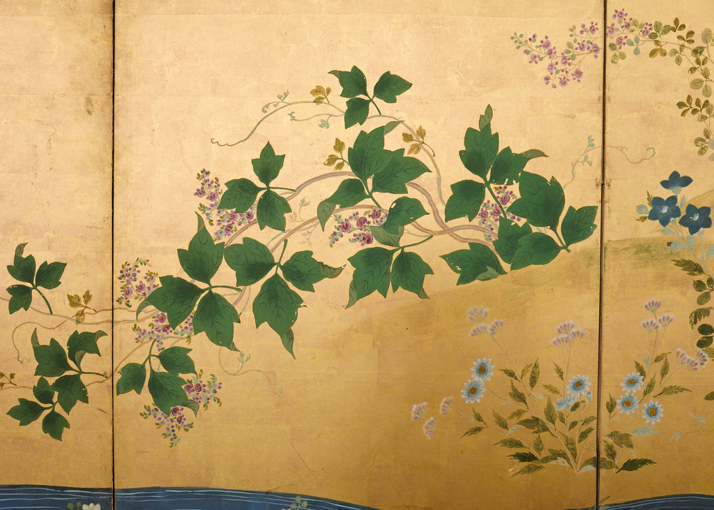 Pair of Japanese Meiji Screens Blossoms of Spring, Summer and Autumn