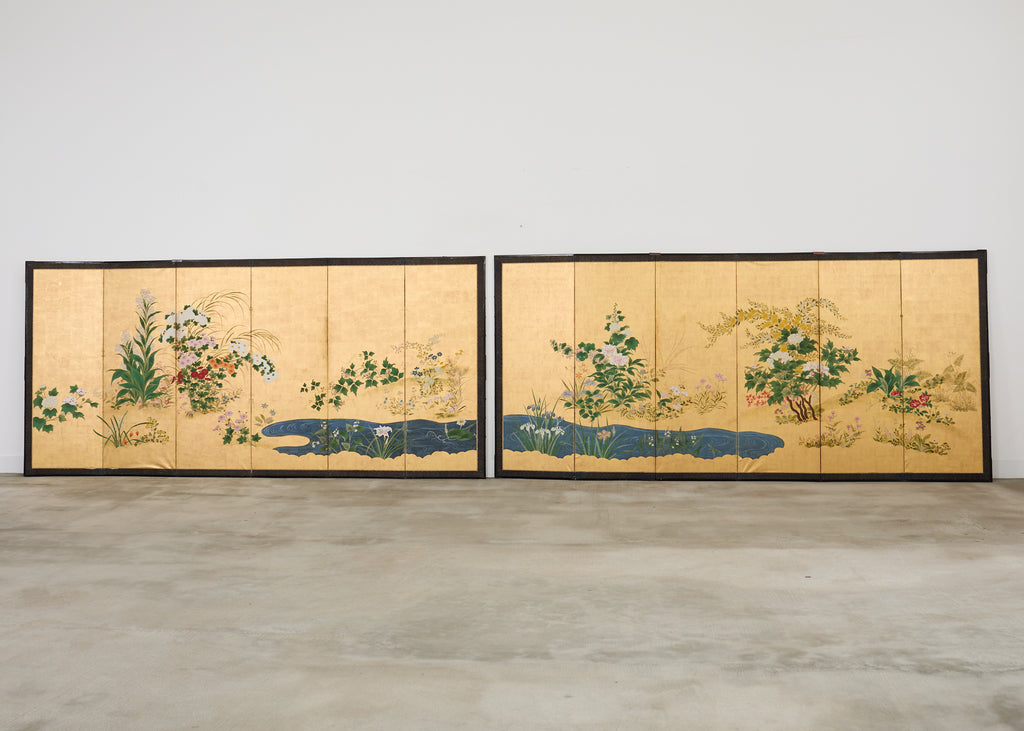 Pair of Japanese Meiji Screens Blossoms of Spring, Summer and Autumn