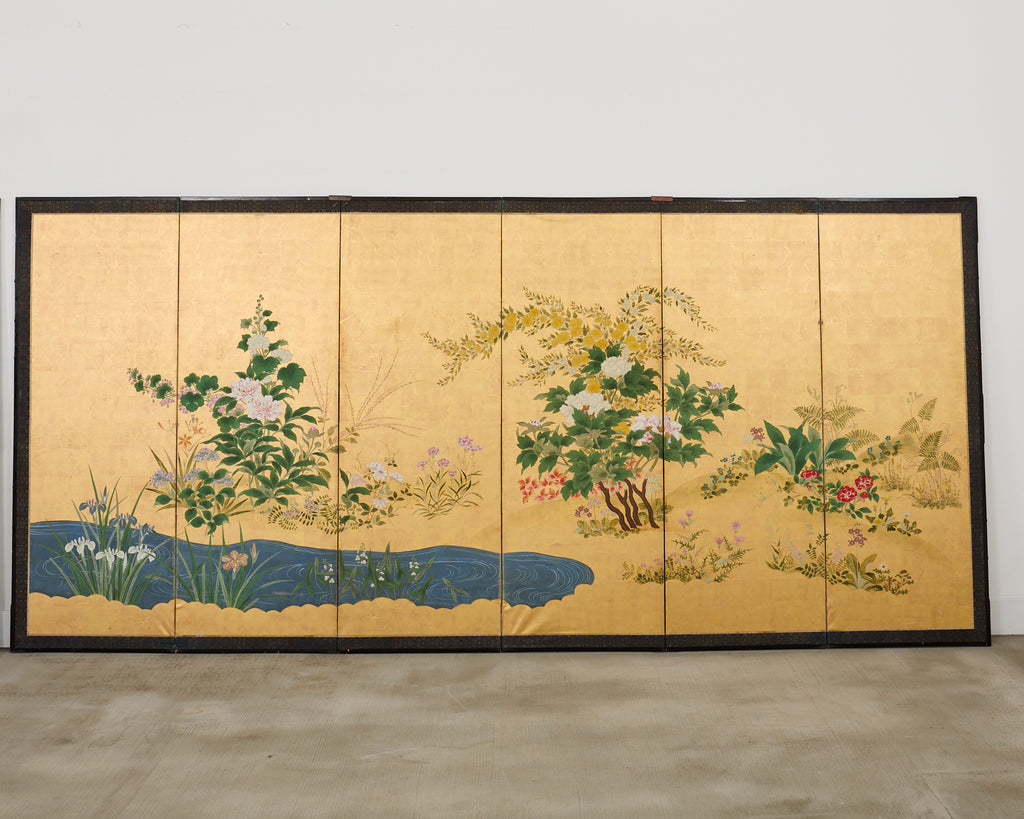 Pair of Japanese Meiji Screens Blossoms of Spring, Summer and Autumn