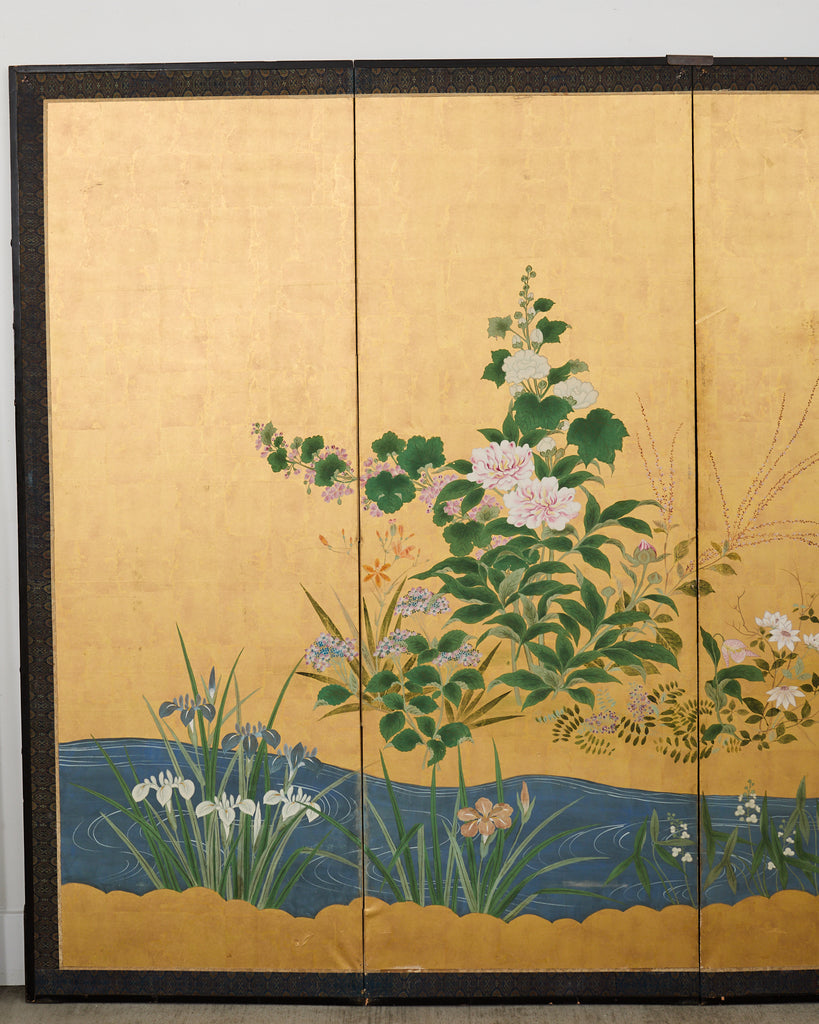Pair of Japanese Meiji Screens Blossoms of Spring, Summer and Autumn