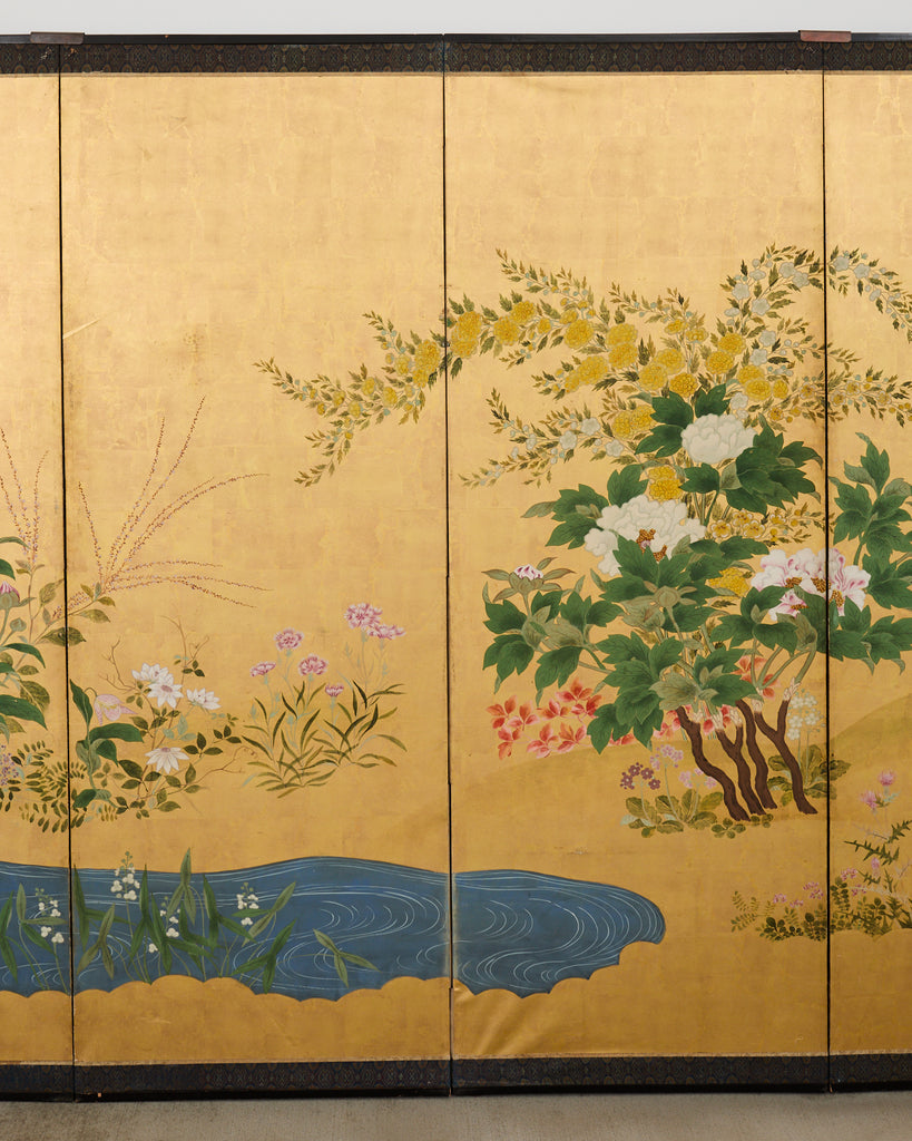 Pair of Japanese Meiji Screens Blossoms of Spring, Summer and Autumn