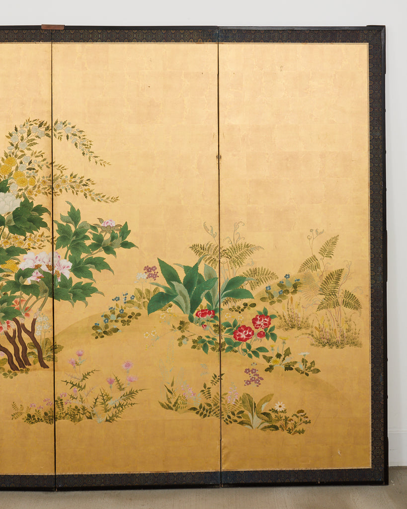 Pair of Japanese Meiji Screens Blossoms of Spring, Summer and Autumn