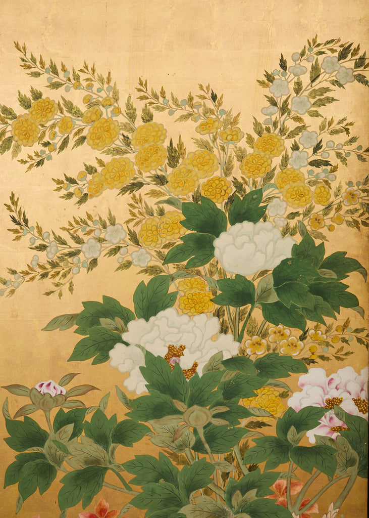 Pair of Japanese Meiji Screens Blossoms of Spring, Summer and Autumn