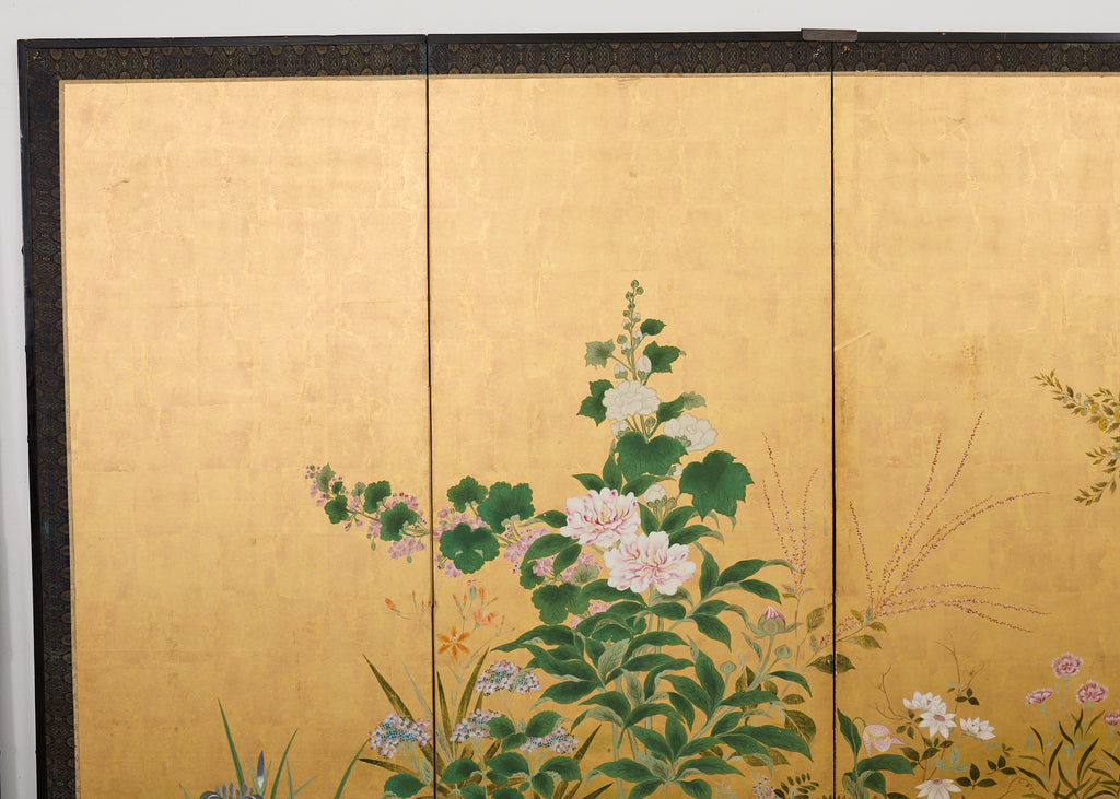 Pair of Japanese Meiji Screens Blossoms of Spring, Summer and Autumn