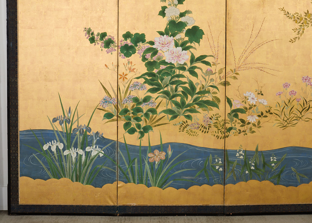 Pair of Japanese Meiji Screens Blossoms of Spring, Summer and Autumn