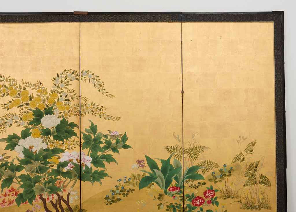 Pair of Japanese Meiji Screens Blossoms of Spring, Summer and Autumn