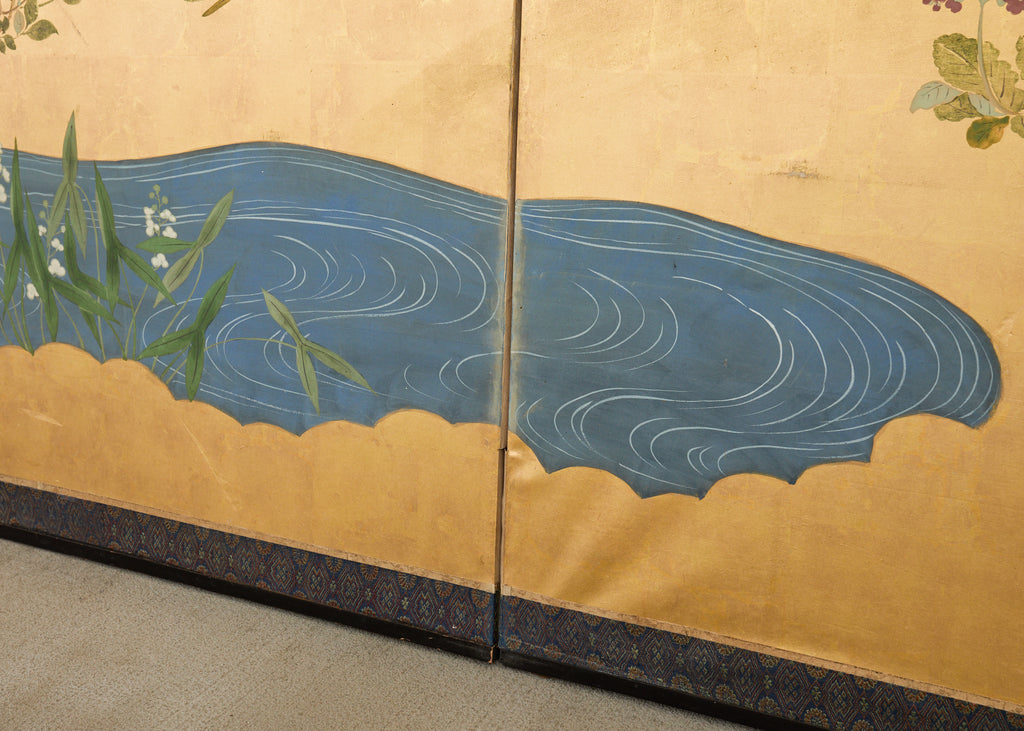 Pair of Japanese Meiji Screens Blossoms of Spring, Summer and Autumn