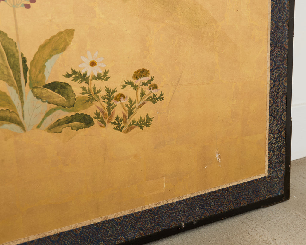 Pair of Japanese Meiji Screens Blossoms of Spring, Summer and Autumn