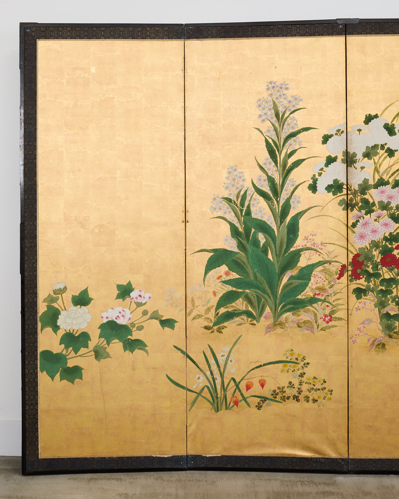 Pair of Japanese Meiji Screens Blossoms of Spring, Summer and Autumn
