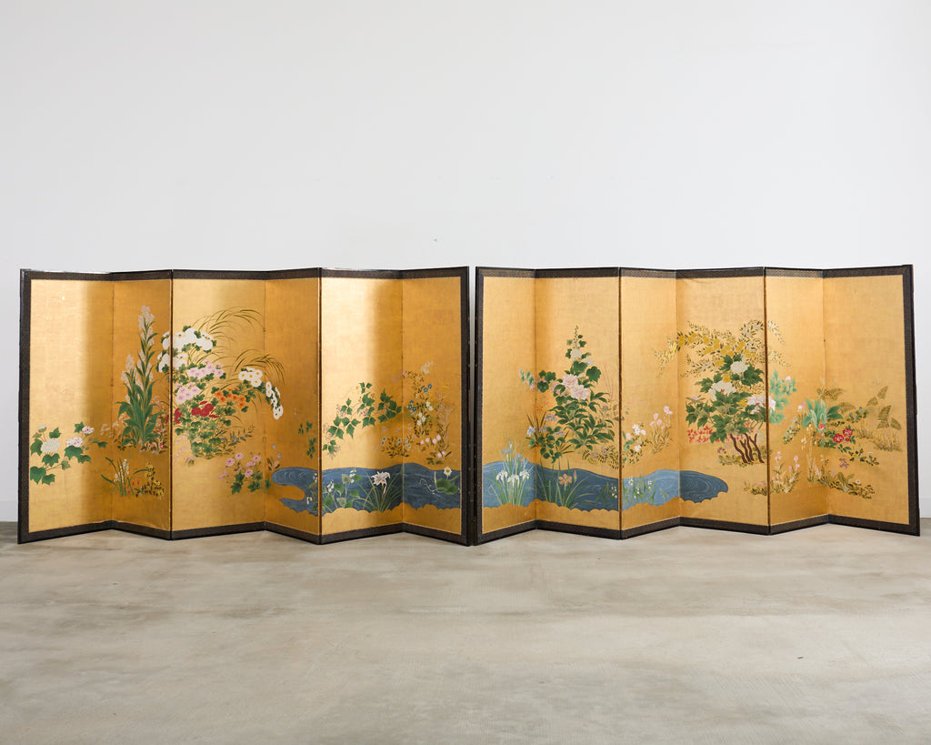 Pair of Japanese Meiji Screens Blossoms of Spring, Summer and Autumn