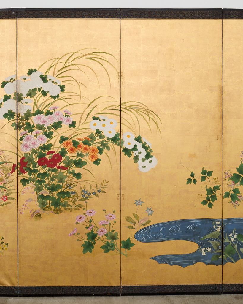 Pair of Japanese Meiji Screens Blossoms of Spring, Summer and Autumn