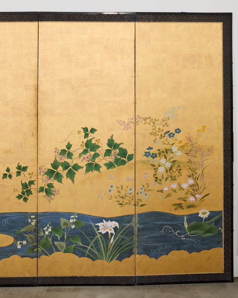 Pair of Japanese Meiji Screens Blossoms of Spring, Summer and Autumn