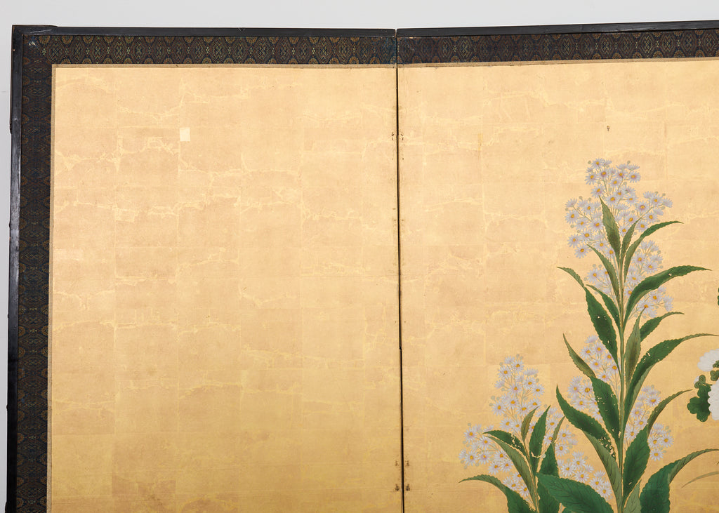 Pair of Japanese Meiji Screens Blossoms of Spring, Summer and Autumn