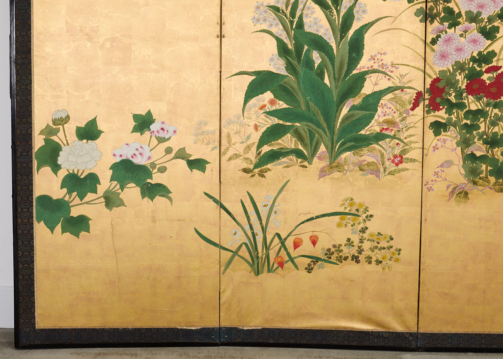 Pair of Japanese Meiji Screens Blossoms of Spring, Summer and Autumn