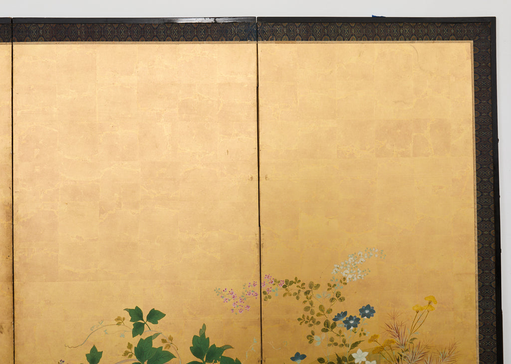 Pair of Japanese Meiji Screens Blossoms of Spring, Summer and Autumn