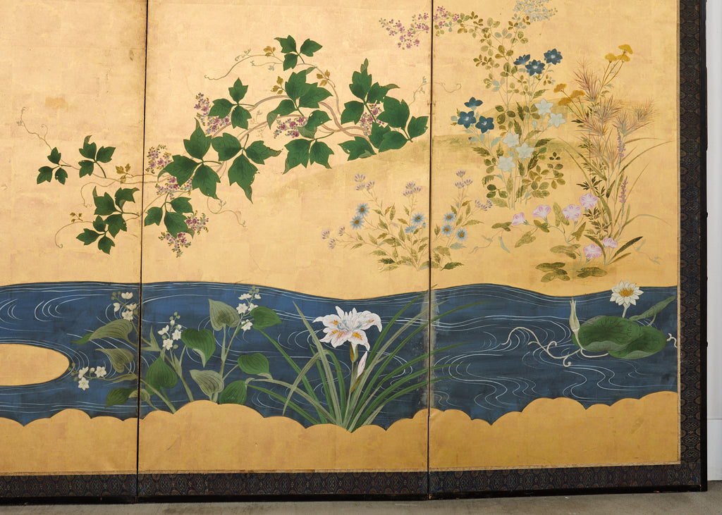 Pair of Japanese Meiji Screens Blossoms of Spring, Summer and Autumn