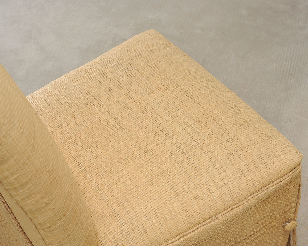 Pair of Skirted Scroll-Back Woven Raffia Slipper Chairs