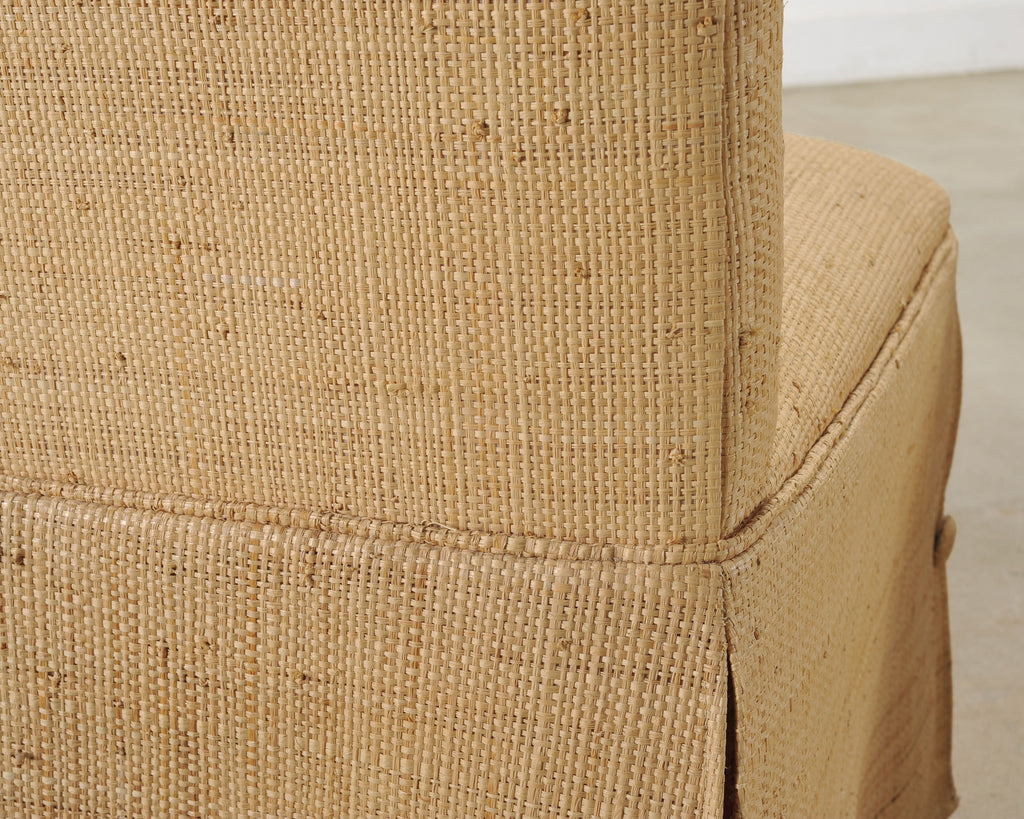Pair of Skirted Scroll-Back Woven Raffia Slipper Chairs
