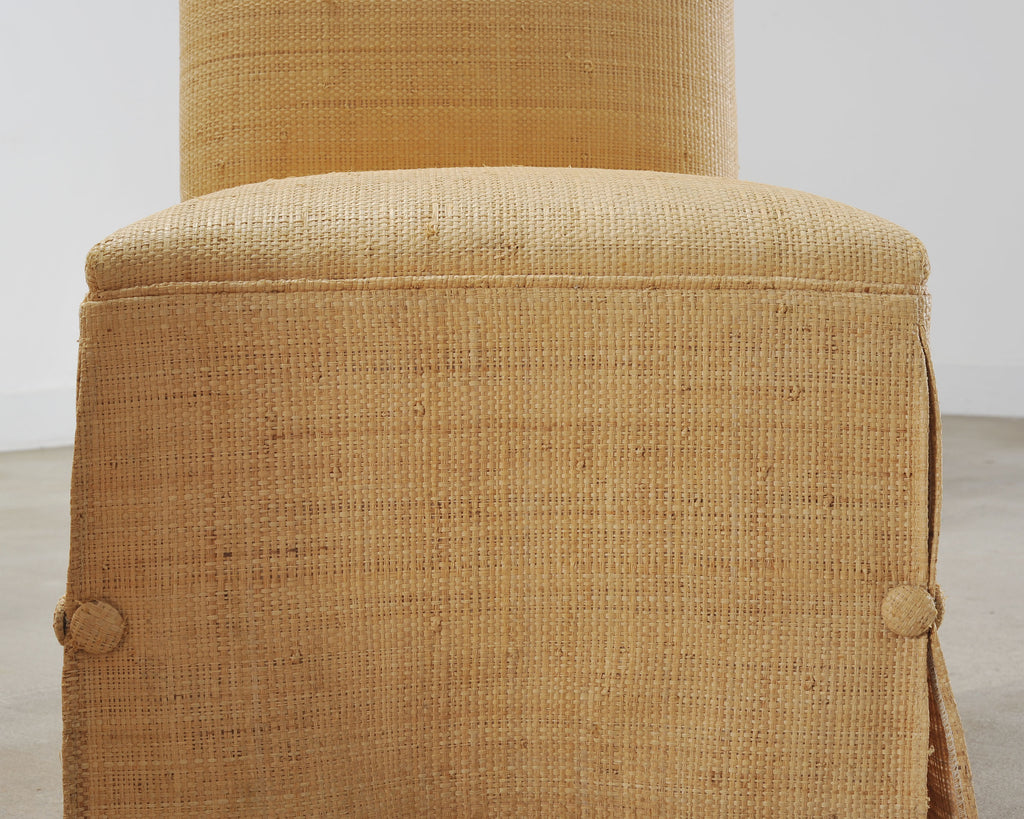 Pair of Skirted Scroll-Back Woven Raffia Slipper Chairs