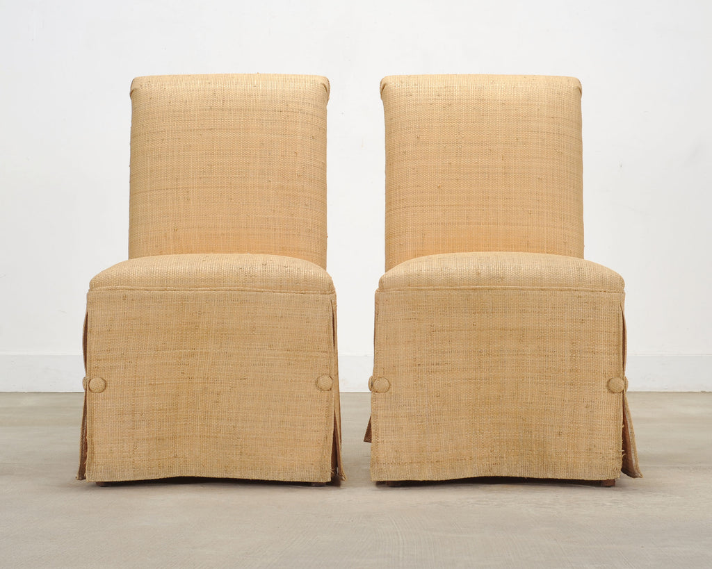 Pair of Skirted Scroll-Back Woven Raffia Slipper Chairs