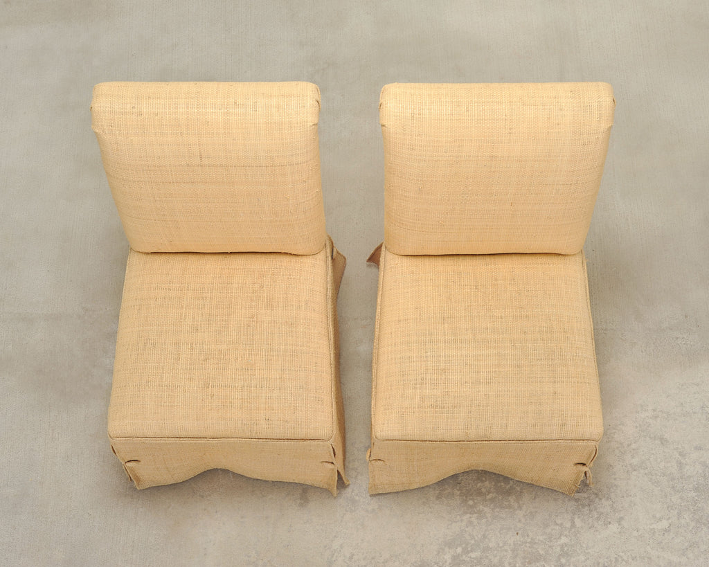Pair of Skirted Scroll-Back Woven Raffia Slipper Chairs