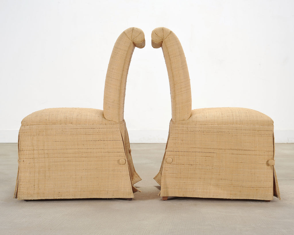 Pair of Skirted Scroll-Back Woven Raffia Slipper Chairs