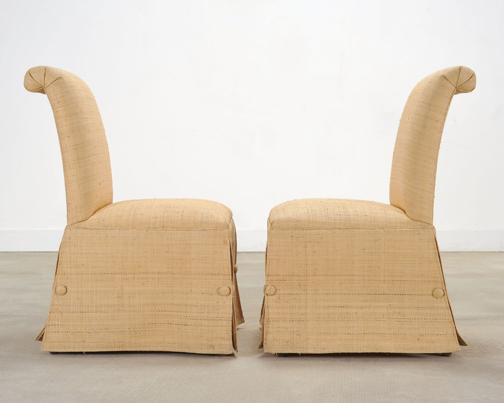 Pair of Skirted Scroll-Back Woven Raffia Slipper Chairs