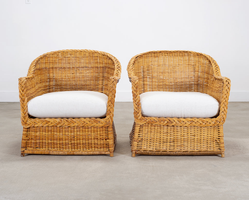 Pair of Organic Modern Rattan Wicker Lounge Armchairs
