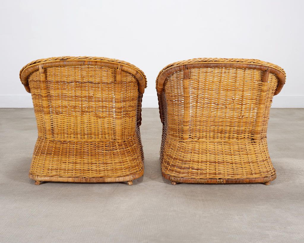 Pair of Organic Modern Rattan Wicker Lounge Armchairs