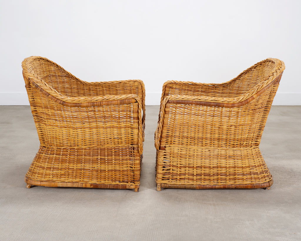 Pair of Organic Modern Rattan Wicker Lounge Armchairs