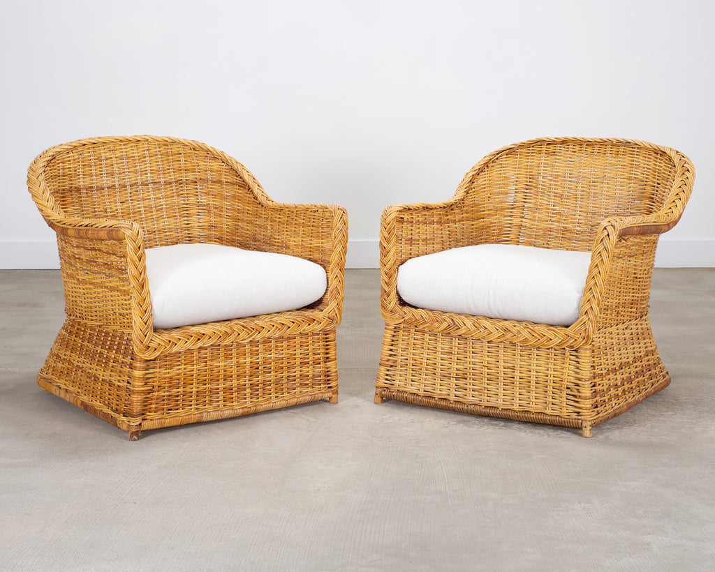 Pair of Organic Modern Rattan Wicker Lounge Armchairs