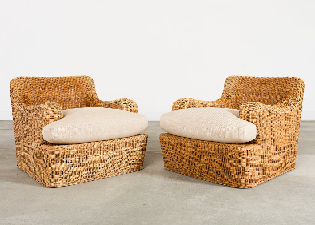 Pair of Ralph Lauren Wicker Lounge Chairs and Ottoman