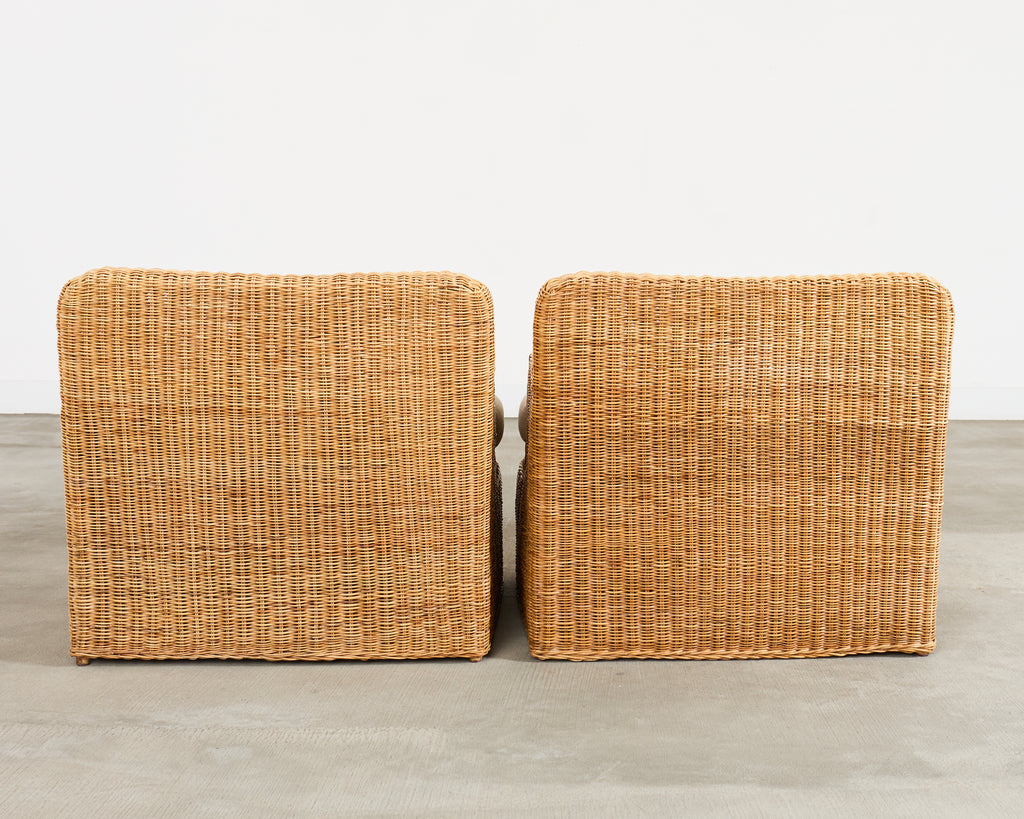 Pair of Ralph Lauren Wicker Lounge Chairs and Ottoman