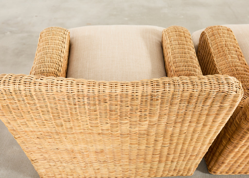 Pair of Ralph Lauren Wicker Lounge Chairs and Ottoman