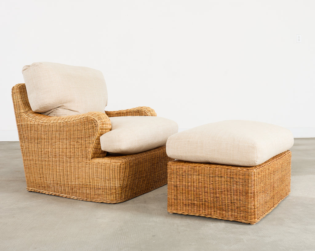 Pair of Ralph Lauren Wicker Lounge Chairs and Ottoman
