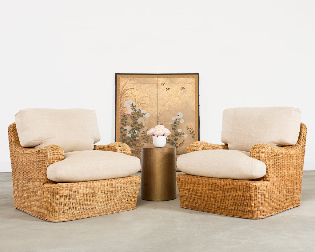 Pair of Ralph Lauren Wicker Lounge Chairs and Ottoman
