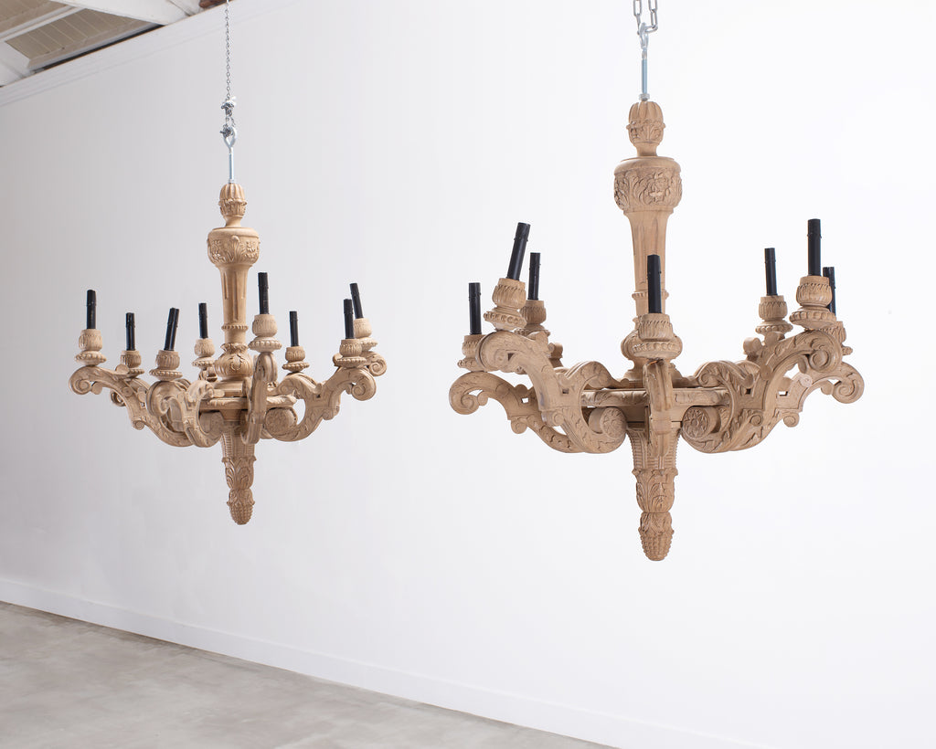 Pair of RH French Baroque Style Carved Wood 8-Arm Chandeliers