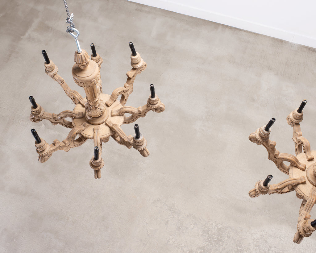 Pair of RH French Baroque Style Carved Wood 8-Arm Chandeliers