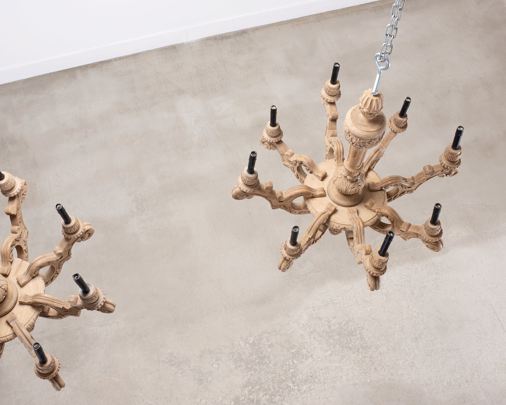 Pair of RH French Baroque Style Carved Wood 8-Arm Chandeliers