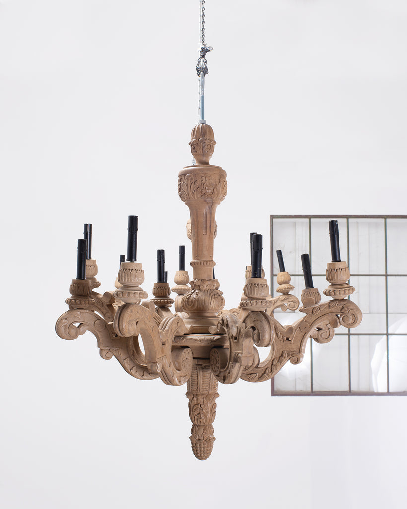Pair of RH French Baroque Style Carved Wood 8-Arm Chandeliers