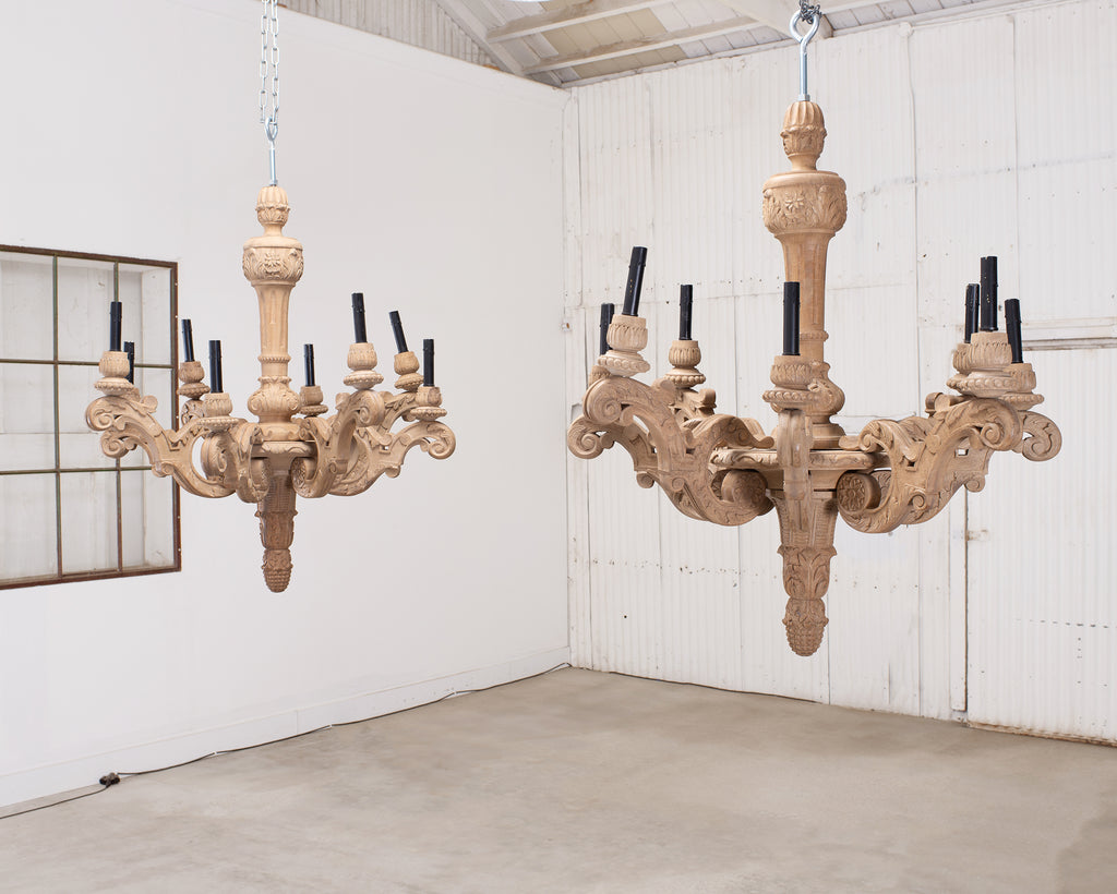 Pair of RH French Baroque Style Carved Wood 8-Arm Chandeliers